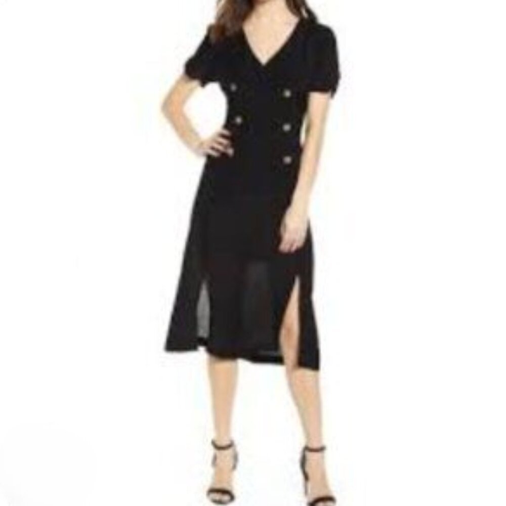 All In Favor Black Double Breasted Button Midi Dress Front Slits Crepe Medium